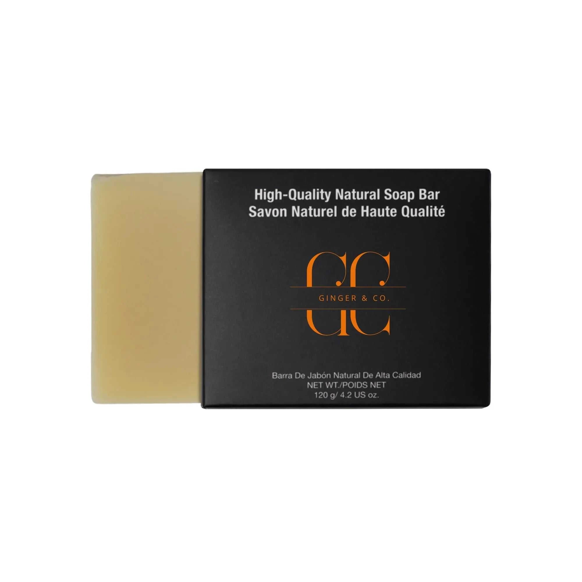 Natural soap bar with organic ingredients including turmeric, neem, basil, and coconut oil